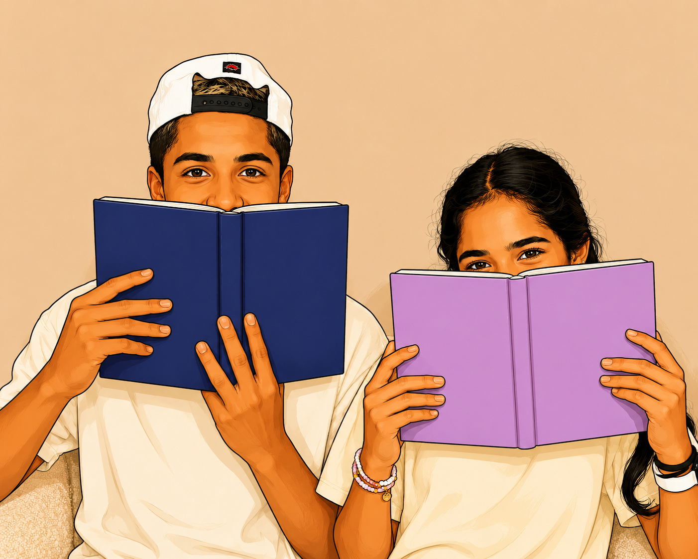 Jae and Zara reading and reviewing books together in a cozy library